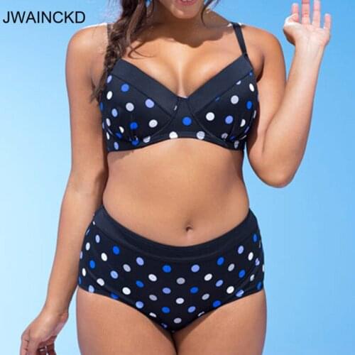 JWAINCKD Retro Swimsuit Female Plus Size Print Dot High Waist Bikini Two Piece Large Size Swimwear Beachwear Bikini 2019 Mujer