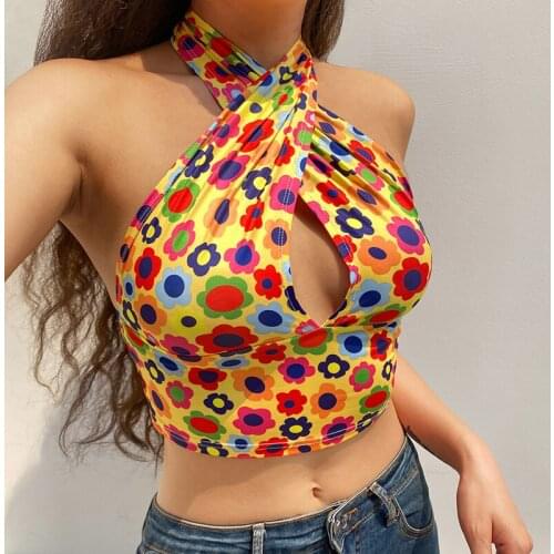 Women Close-fitting Sexy Vest Floral Printed Pattern Sleeveless Deep V-neck Crop Tops Blue/ Yellow