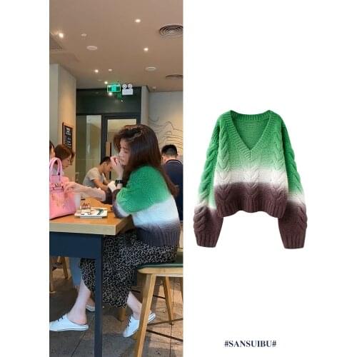 Gradient Sweater for Womens V-neck Loose Short Knit Pullover Contrast Color Patchwork Twist Knitting Jumper