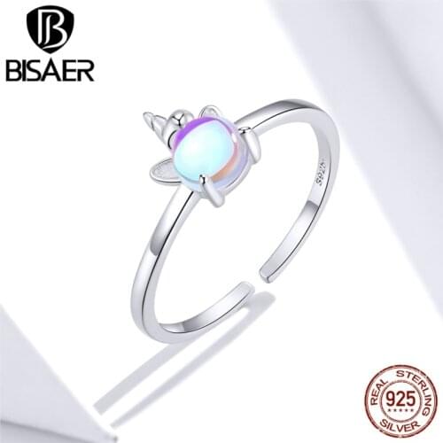 Bijoux BISAER 925 Sterling silver Licorne women rings open size Unicorn finger rings Sterling silver Anel Jewelry ECR642