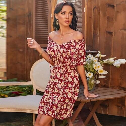 Womens Floral Printed Mini Dress Ladies Summer Short Sleeve Dresses Female Either O-Neck Or Strapless Elegant Vestido DS242