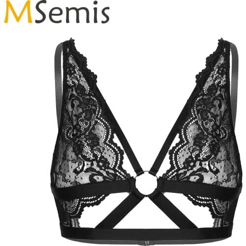 Womens Sissy Lingerie Bras Open Cup See-through Floral Lace Strappy Bra Tops Hollow Out O-ring Exotic Brassiere Underwear