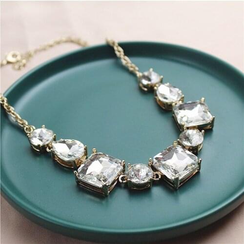 Female Full Shiny Crystal Jewelry Charm Gold Color Wedding Statement Necklace For Women Luxury Bridal Clavicle Chain Necklace