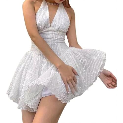 2021 Ladies Sexy V-neck Backless Dress Women Summer Slim Style Hanging Neck Sleeveless Chiffon Short Skirt for Dating Shopping