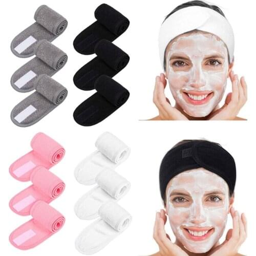 3Pcs Facial Spa Headband Kit Makeup Shower Bath Wrap Sport Headband Terry Cloth Adjustable Stretch Towel with Magic Tape