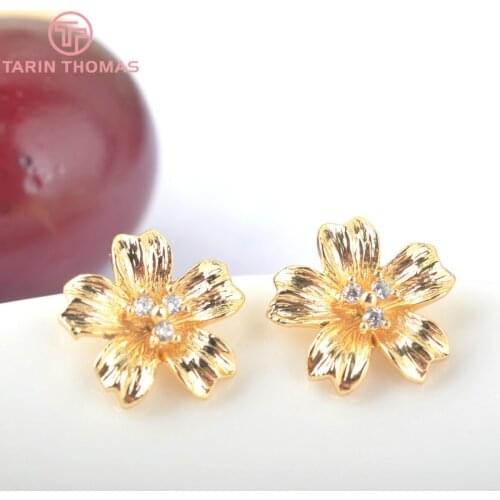 6PCS Flower 11x11MM 24K Gold Color Brass with Zircon Flower Stud Earrings Pins High Quality jewellery Accessories