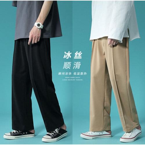Summer Wide Leg Pants Mens Fashion Khaki Black Casual Pants Men Streetwear Korean Loose Ice Silk Pants Mens Trousers S-2XL