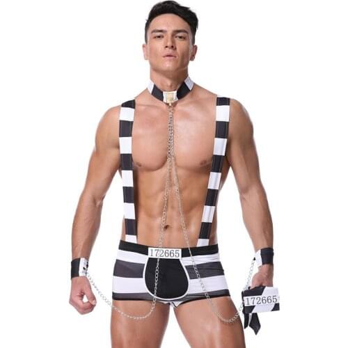 Black And White Mens Striped Uniforms Hot Erotic Sexy Prisoner Cosplay Lingerie Set Halloween Adult Role Play Costumes Outfits