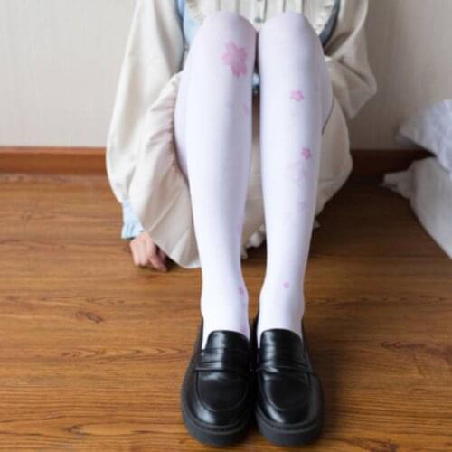 Lolita Kawaii High Stockings Over Knee Socks Sakura Print Japanese Loli Sweet Cosplay Anime Stocking White High Knee Stocking