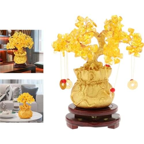 Citrine Gem Stone Lucky Tree Decorations Wealth Lucky Symbol Housewarming Bonsai with Coin & Base for Office