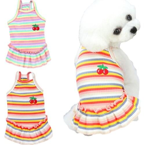 Rainbow Strips Cat Clothes Knitted Dog Dress Summer Cherry Pattern Sleeveless Vest Shirt Skirt For Small Dogs Chihuahua Teddy L
