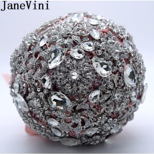 JaneVini Bridal Bouquet Satin Rose Silver Beaded Crystal Wedding Bouquet Married Bride Flower Ball Bling Red Gray Bouquets 2019