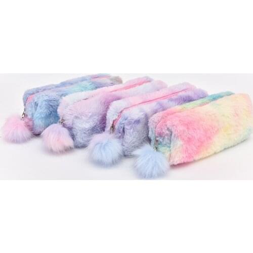 Kawaii Creative Girls Make Up Bag Pencil Case Gradient Color Cute Plush Octagonal Pen Bag Simple Travel Cosmetic Storage Bag