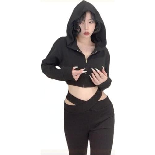 Hooded Short Hoodie Sweatshirt Two Piece Set Women Top and Pants Hollow Out Irregular High Waist Long Pants Pant Sets Matching