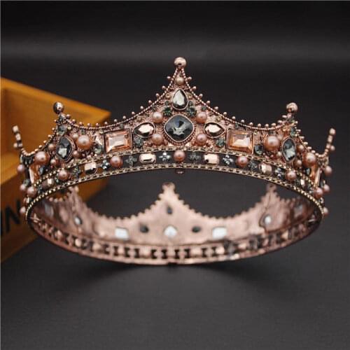 Trendy Pearls Round Royal King Crown Bridal Round Diadem for Queen Prom Crystal Baroque Head Ornaments Wedding Hair Jewelry