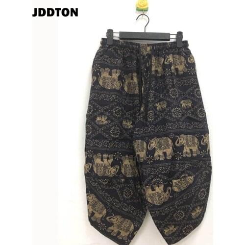 JDDTON Mens Japanese Folk-Custom Cropped Trouser Traditional Style Summer Cotton Linen Wide-Length Pants Print Male Yukata JE459