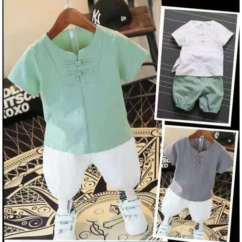 Chinese Style 2 Pieces Toddler Boy Clothes Short Sleeve Solid Color T Shirt Tops Shorts Set Children Baby Boy Outfit 4 Colors