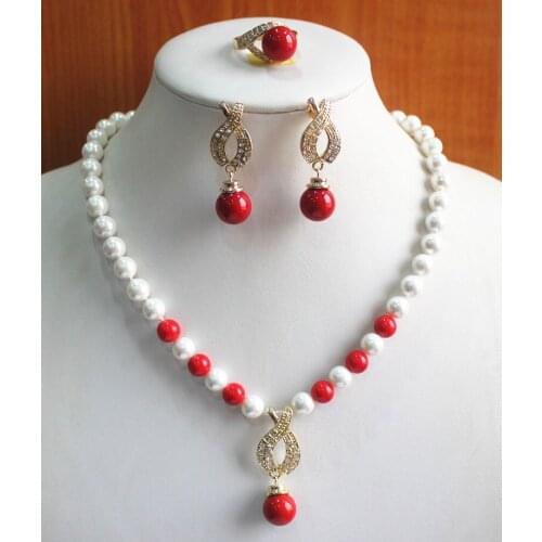Engagement! Wholesale Womens 8mm white pearl mixed red coral Necklace earring ring(7/8/9) jewelry set #241
