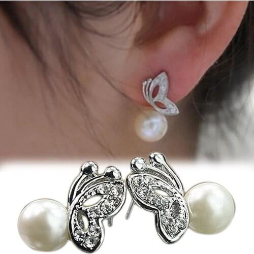 1 Pair Pearl Beads Butterfly Pattern Earrings Sliver Plated Ear Studs Fine Jewelry For Women Girls