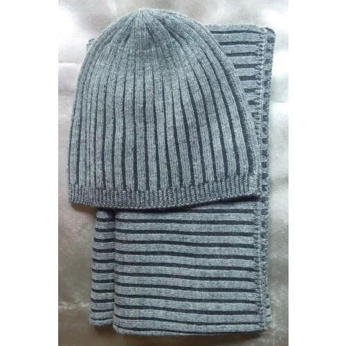 Specials 100%goat cashmere striped women kids scarf hat 2pcs/set two-tone grey 22x160cm /S(54-56)
