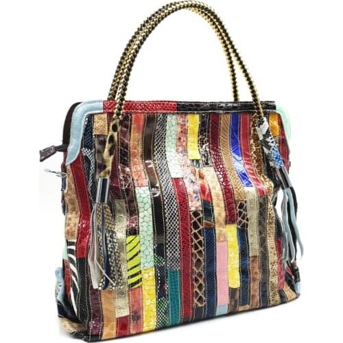 Luxury Fashion Genuine Leather Cowhide Snake Pattern Handbag National Elements Designer Shoulder Bag Rainbow Strap Tassel Bag