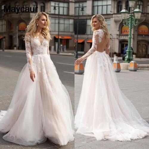 Long Sleeve Boho Wedding Dresses Open Back V neck Ivory Lace Appliques Bridal Gowns Bohemian Wedding Dresses vestido de noiva