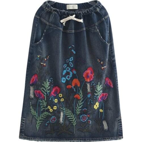 New Summer Women Skirts Vestidos Plus Size Fashion Embroidery Floral Casual Loose Jeans Skirt for Women Large Denim Midiskirt