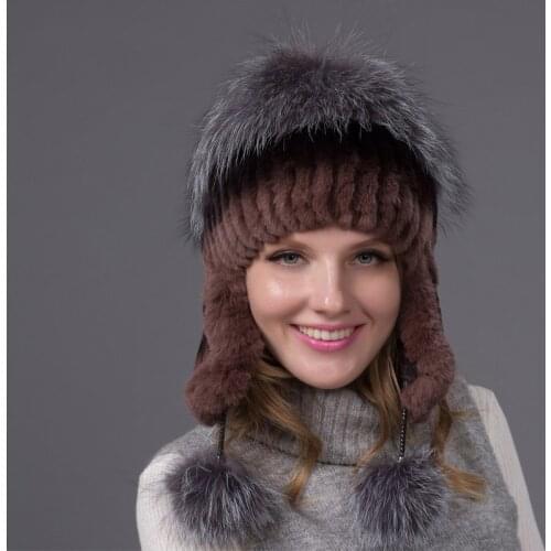 Womens Autumn and Winter Rex Rabbit Fur Hat Earmuffs Set Knit Aviator Hat Fashion Casual Fur Headdress High Quality THY-01
