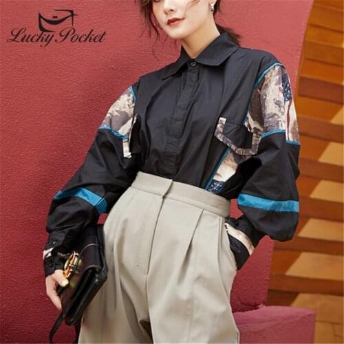 Women Spring Autumn Slim Black Patchwork Cartoon Print Shirt Ladies Fashion Plus Size Blouses Female Brand Casual Tops ZM685