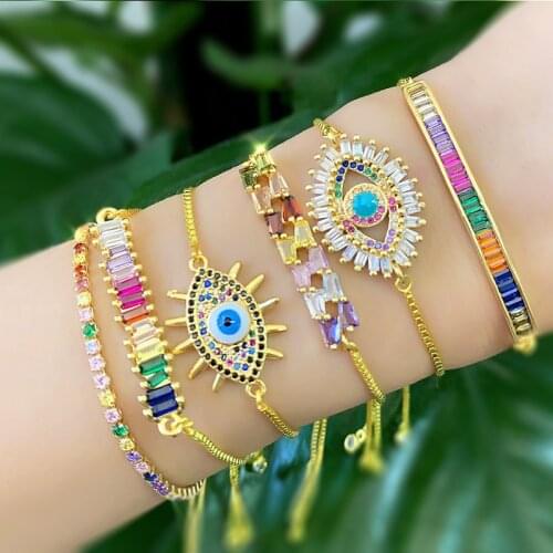 Boho Rainbow CZ Zircon Crystal Evil Eye Womens Bracelet Bangles Gold Bead Chain Wedding Party Jewelry Fashion Bracelets