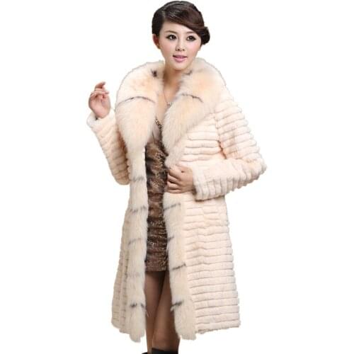 2017 Autumn and Winter Womens Genuine Real Rabbit Fur Coats Fox Fur Collar Slim Belt Female Long Outerwear 4XL 5XL 6XL VF0054