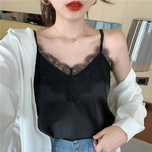 2020 Camisole Women Fashion Lace Simple Silk Satin Strap Crop Tops Tee Lady Summer Sleeveless Vest Top ropa mujer cropped