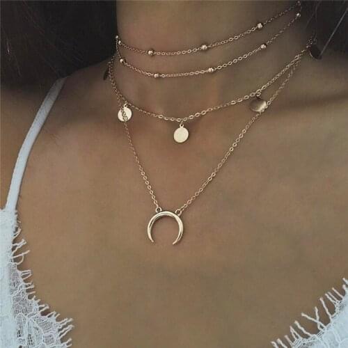 Trendy Fashion Sequin Moon Multi layer Choker Necklace Woman Collar Layered Pendants Necklaces Summer Beach New GIFTS