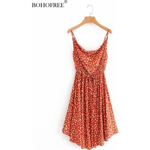 Boho Vintage V Neck Strapless Polka Dot Print Midi Dress Casual Women Backless Party Dress Vestidos