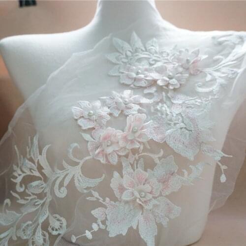 1pc Pink White 3D Flower Embroidery Lace Applique Patches Bridal Lace Sewing Large Applique Beaded Pearl Tulle DIY Wedding Dress