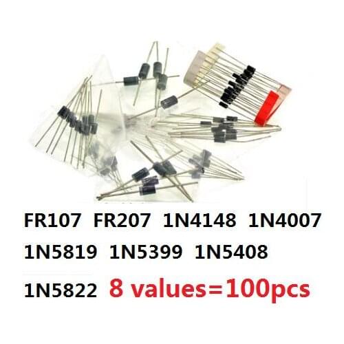 1N4148 1N4007 1N5819 1N5399 1N5408 1N5822 FR107 FR207,8values=100pcs,Electronic Components Package,Diode Assorted Kit