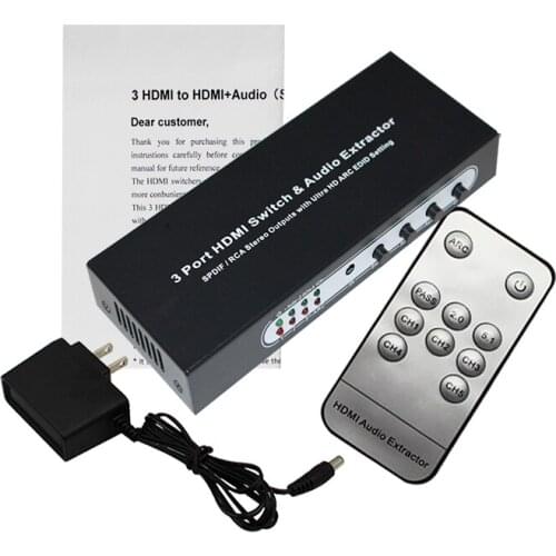 3 Port HDMI Switch with Optical Toslink SPDIF & RCA L/R Audio Out, 3x1 HDMI Audio Extractor Splitter with Remote, Supports 4K*2K