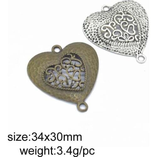 30pcs 34x30mm Alloy Retro Double Hanging Hollow Heart In Heart Charm Pendant Jewelry Findings Accessories