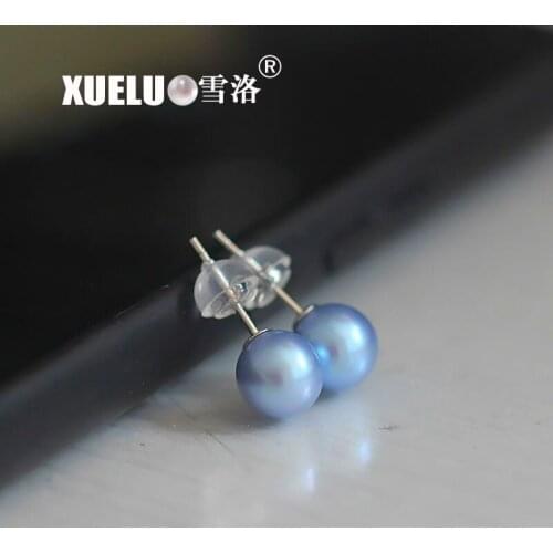 925 sterling simple perfect round high quality silver gray natural cultured fresh water pearl stud earrings