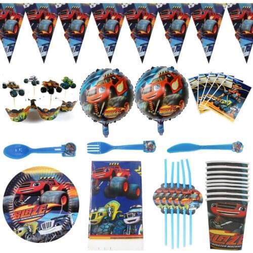 97Pcs/lot Blaze Monster Machine Banner Cake Wrappers Foil Balloons Gifts Bags Spoons Forks Knife Plates Cups Straws tablecloth