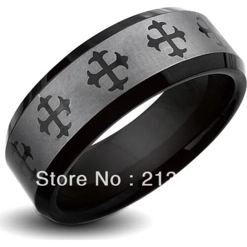 Free Shipping Buy Cheap Discount Price USA HOT Selling 8MM Men&Womens Black Beveled Christ Cross Prayers Tungsten Wedding Rings