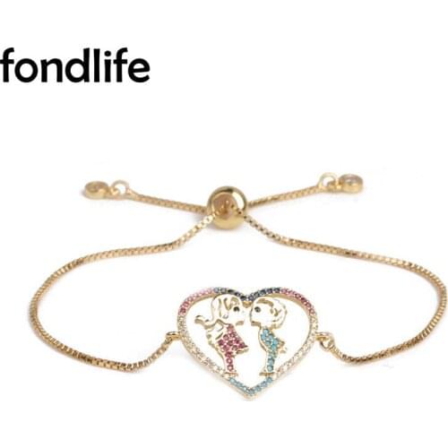 Shiny Cubic Zirconia Stone Love Heart inside Lover in Kiss Charm Bracelet Couple Brass Boy And Girl Chain Slide Jewelry Present