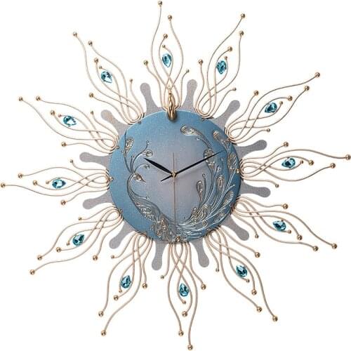 Big Size Metal Blooming Peacock Feather Shape Resin Wall Clock for Home Decoration