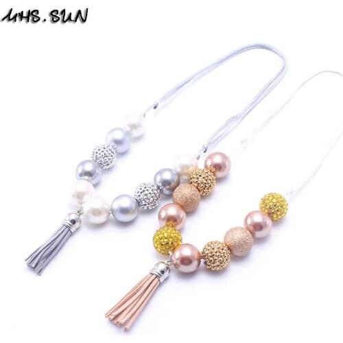MHS.SUN 2PCS Newest Tassel Kid Chunky Necklace Adjusted Rope Bubblegum Bead Baby Girl Toddler Children Chunky Necklace Jewelry