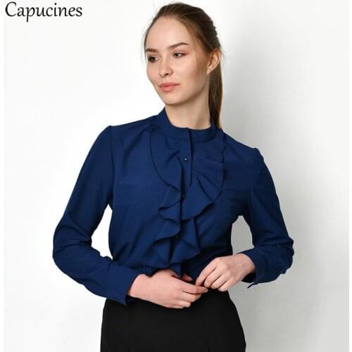 Capucines Ruffled Embellishment Solid Color Long-sleeved Shirt Office Girl Round Neck Spring Autumn Shirts Woman Casual Blouses