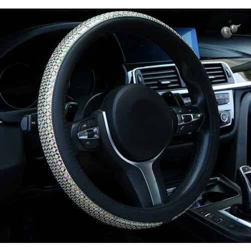 Bling Steering Wheel Cover for Women, PU Leather Car Steering Covers with Crystal Rhinestones Universal for 37-38cm