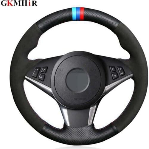 Black Genuine Leather Hand-stitched Car Steering Wheel Cover for BMW E60 E61 (Touring) 530d E63 2003-2010 E64 2004-2010