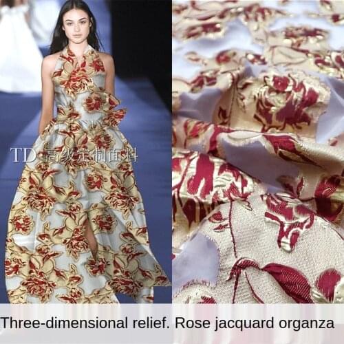 European and American Gold Silk Rose Three-Dimensional Embossed Jacquard Organza Dress Fashion Fabric Spring and Summer Fabric