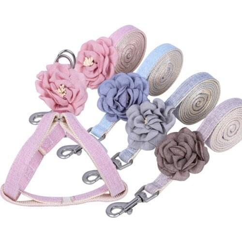 Camellia Cotton Dog Harness and Leash Set Adjustable Breathable Harness for Small Medium Dogs Outdoor Walking Chest Vest Rope