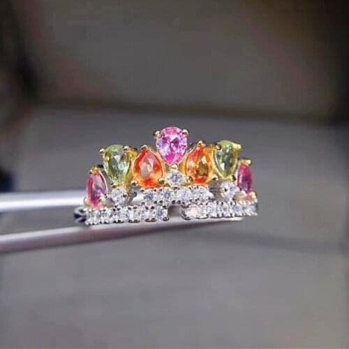 Natural real colorful sapphire crown ring Per jewelry 925 sterling silver 3*4mm 0.25ct*7pcs gemstone Fine jewelry J212218